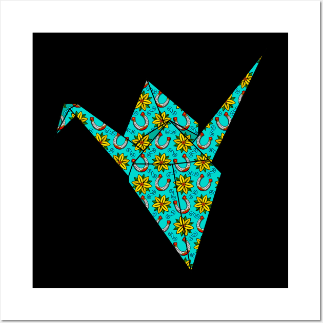 Turquoise origami crane yellow flowers Wall Art by theorigamiuniverse